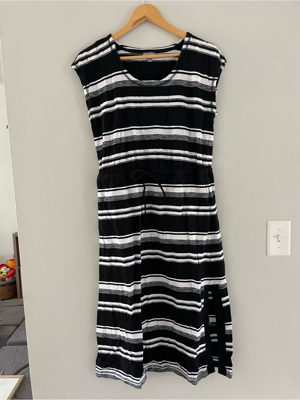 T by Talbots Black and White Striped Drawstring Waist Mini Dress